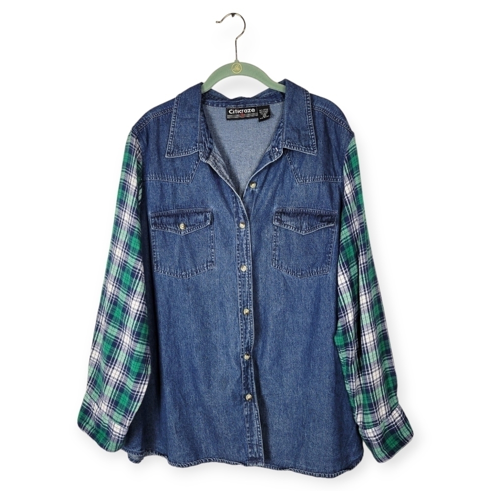 Vintage Citicraze Western Cut Mixed Media Plaid Flannel Denim Button Up Shirt